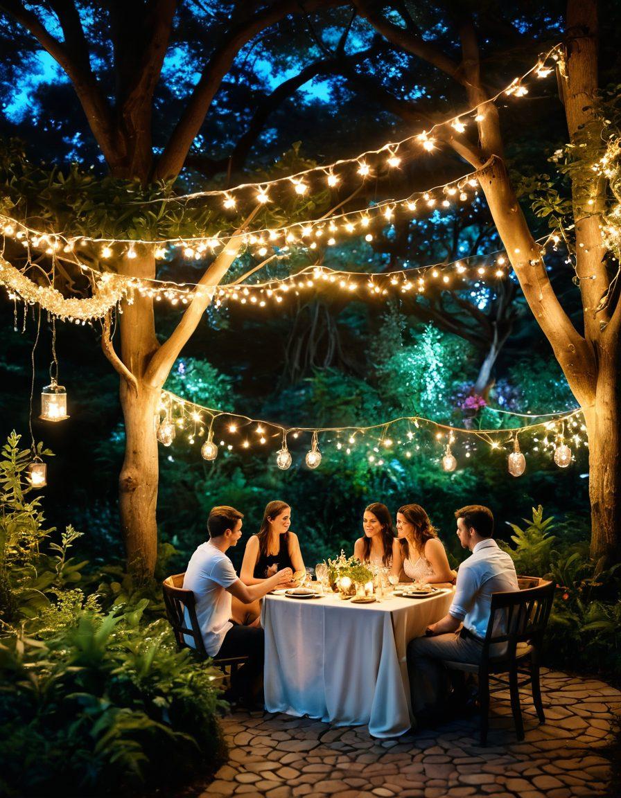 A whimsical, enchanting setting with a lush forest backdrop, featuring a cozy gathering of diverse couples engaging in playful, intimate moments, symbolizing shared connections and adventures. Include elements like twinkling fairy lights, vibrant flowers, and cozy seating to create an inviting atmosphere. Ethereal lighting enhances the fantasy vibe, inviting curiosity and exploration. magical realism. vibrant colors. soft focus.
