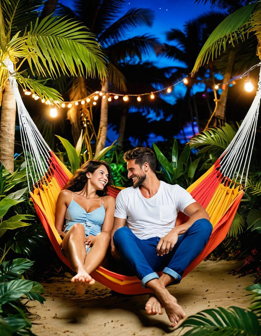 A vibrant and playful scene depicting a couple joyfully exploring a lush, tropical paradise, surrounded by colorful exotic plants and soft, inviting hammocks. They are engaged in flirtatious banter, with mischievous smiles, capturing the essence of adventurous intimacy. The background hints at a lively beach party with twinkling fairy lights and silhouettes of other couples enjoying the atmosphere. Bright, warm colors with a touch of soft-focus for a dreamy effect. super-realistic. vibrant colors. tropical theme.